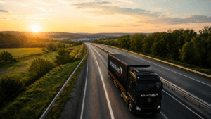 Camion sur la route vers l'Europe centrale et orientale, réseau Belgatrans avec bureau en Pologne